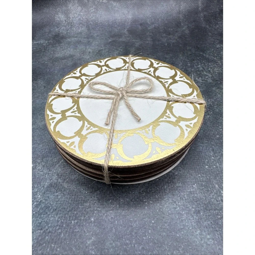 Pottery Barn Drink Coasters‎ Set 4 White & Gold Tile Pattern Cork Bottom Barware